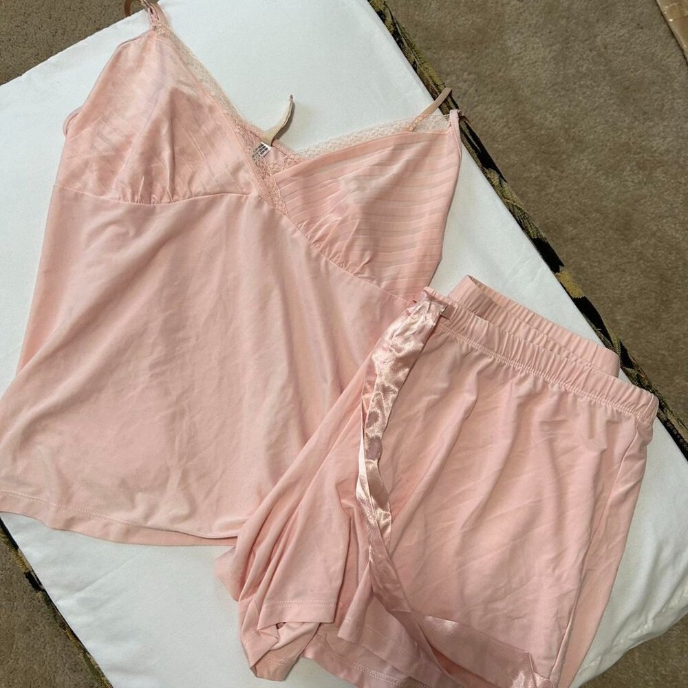 Vintage Gilligan & O’Malley LUXE pink silky lace cami tank lingerie shorts set